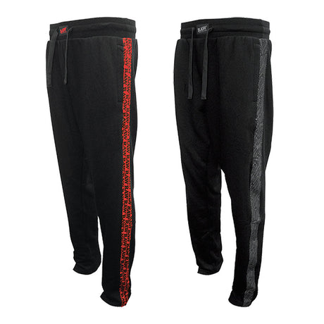 RAW Black Sweatpants with Red Logo Side Stripe and Stash Pocket, Front and Side Views