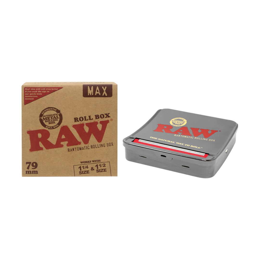 RAW Hemp Plastic 2-Way Roller, 79mm MAX variant, displayed next to packaging box