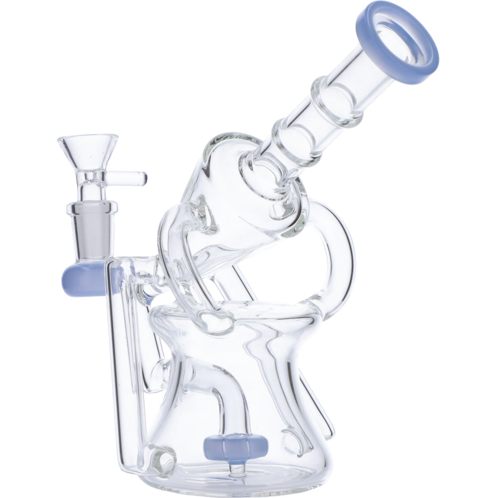 Valiant Distribution Recycler Funnel Water Pipe with Percolator for Smooth Dabs, Blue Accents, Side View
