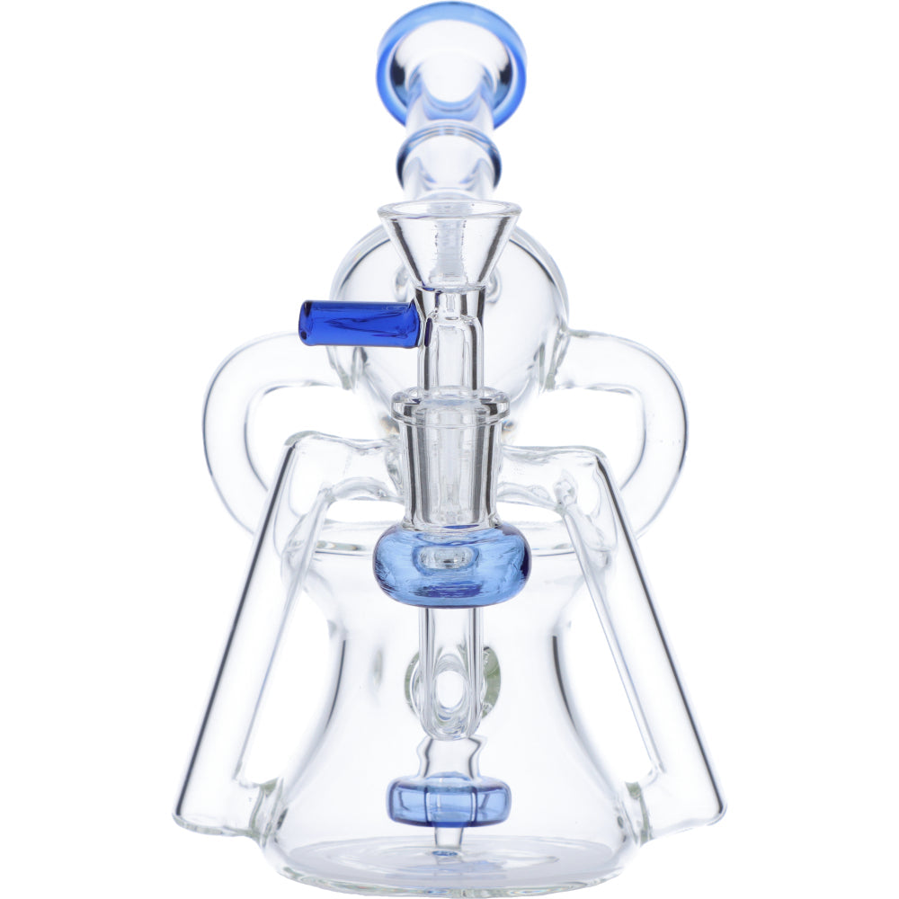 Valiant Distribution 7" Recycler Funnel Water Pipe, blue accents, for smooth dabs, front view on white