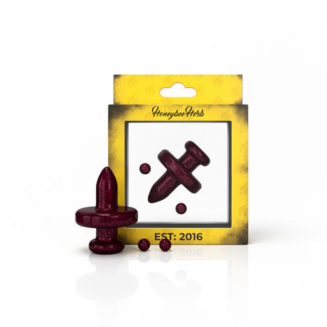 Honeybee Herb Galaxy Top Control Tower Cap in red for dab rigs, front view on branded packaging