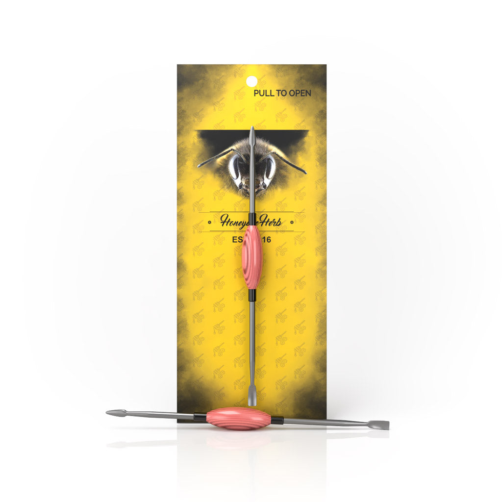 Honeybee Herb Oval Dab Tool with Red Grip - Front View on Branded Packaging