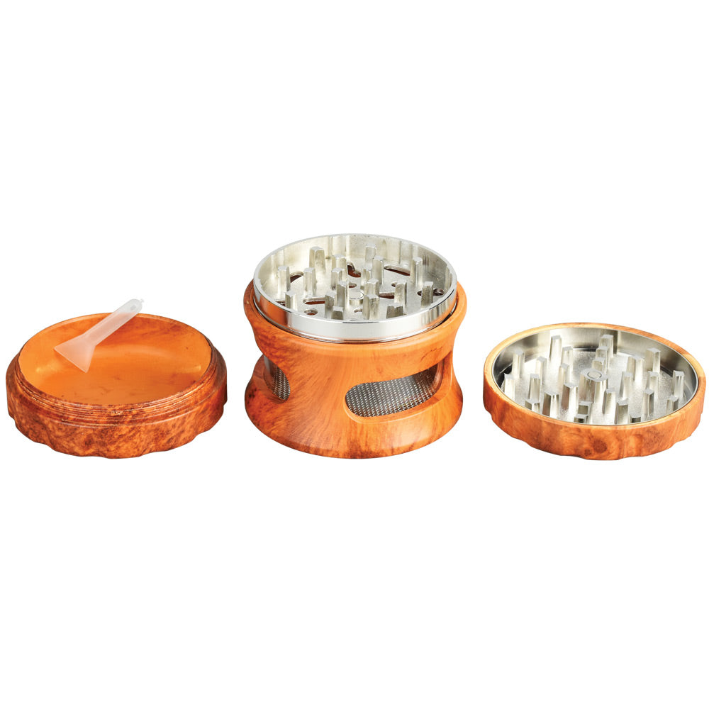 Resin Faux Wood 4-Piece Grinder with View Window, Disassembled to Show Parts