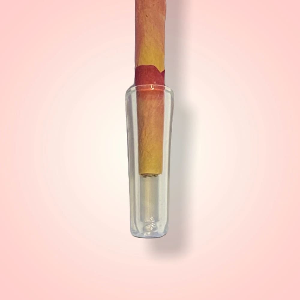 CaliGreenGold Reusable Glass Tip Mouthpiece for Rolling Papers, Front View on Pink