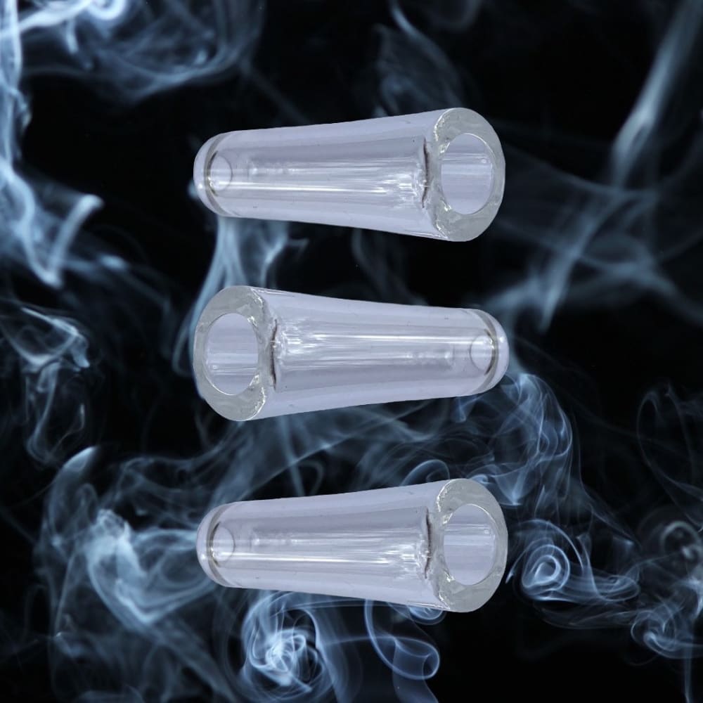 CaliGreenGold Reusable Glass Tip Mouthpieces pack of 3 surrounded by smoke, top view