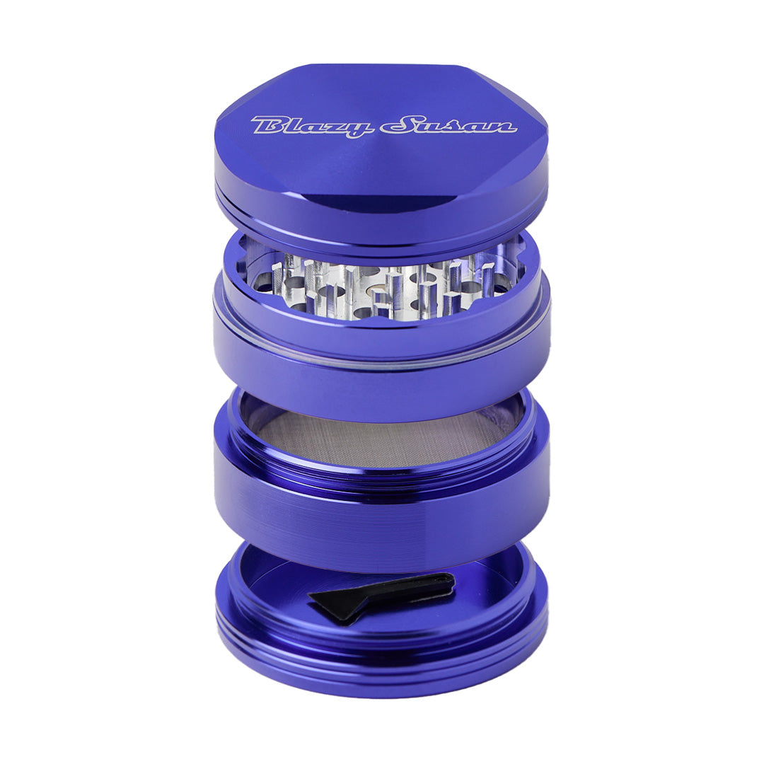Blazy Susan 2.5" Blue Aluminum 4-Piece Grinder with Kief Catcher - Front View