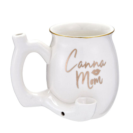Roast & Toast "Canna Mom" white ceramic mug pipe with gold accents, front view, for dry herbs