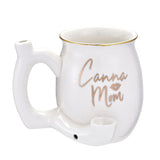 Roast & Toast "Canna Mom" white ceramic mug pipe with gold accents, front view, for dry herbs