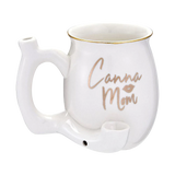 Roast & Toast "Canna Mom" white ceramic pipe mug with gold accents, front view