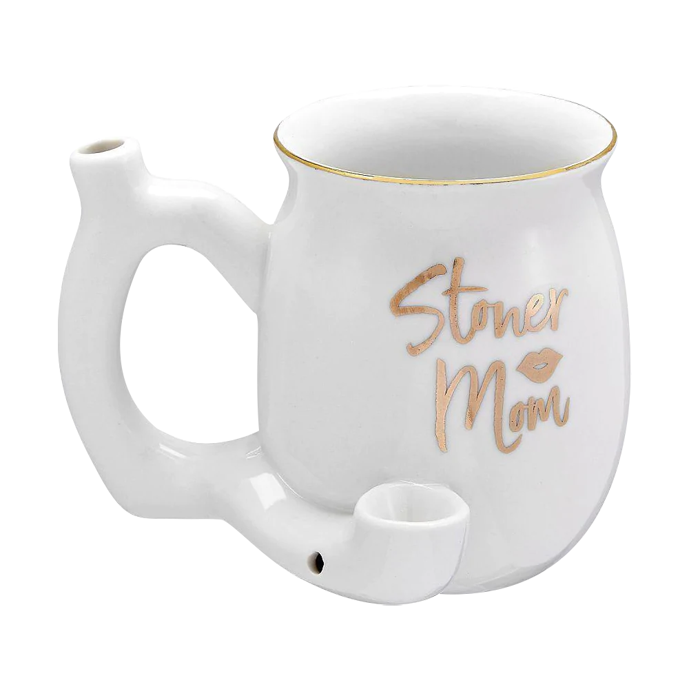 Roast & Toast "Stoner Mom" white ceramic pipe mug, 10.5 oz, angled front view