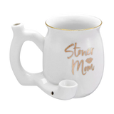 Roast & Toast "Stoner Mom" white ceramic pipe mug, 10.5 oz, angled front view
