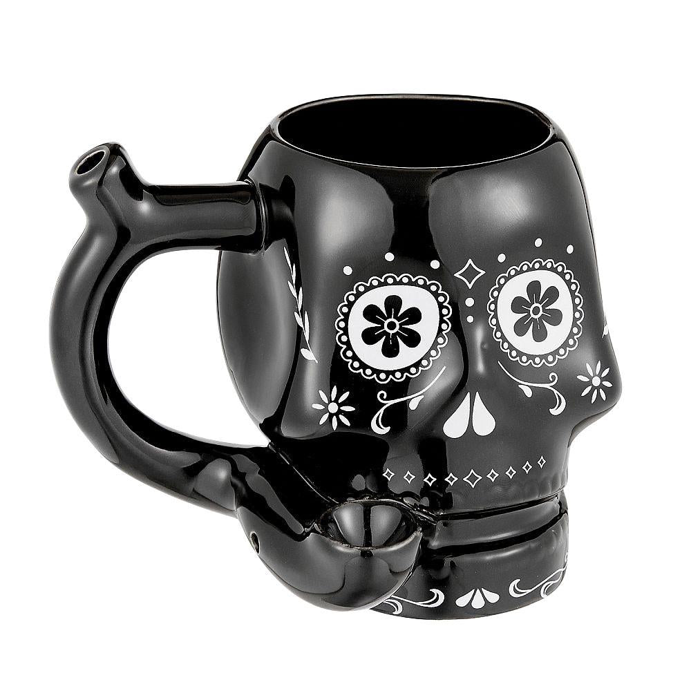 Roast & Toast Ceramic Pipe Mug with Sugar Skull design, 15 oz, front view on white background