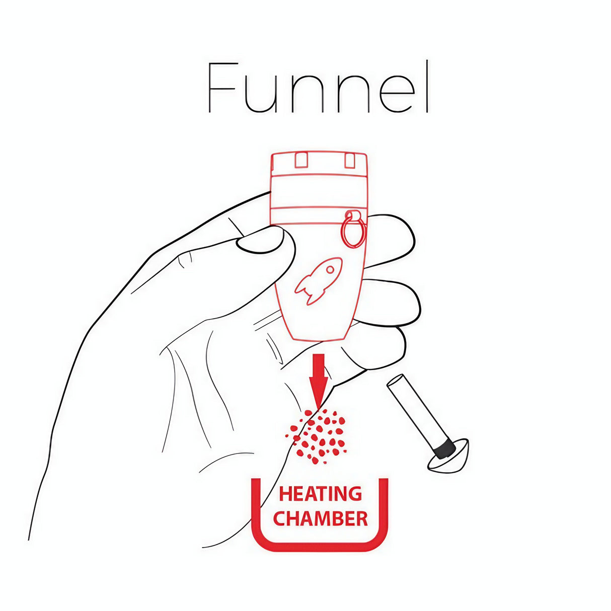 Illustration of DankGeek Rocket Grinder with funnel leading to heating chamber for easy loading
