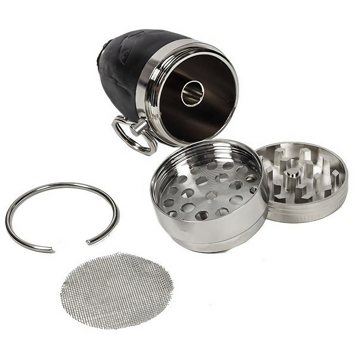 DankGeek Rocket Grinder & 1 Hitter disassembled view showing all components