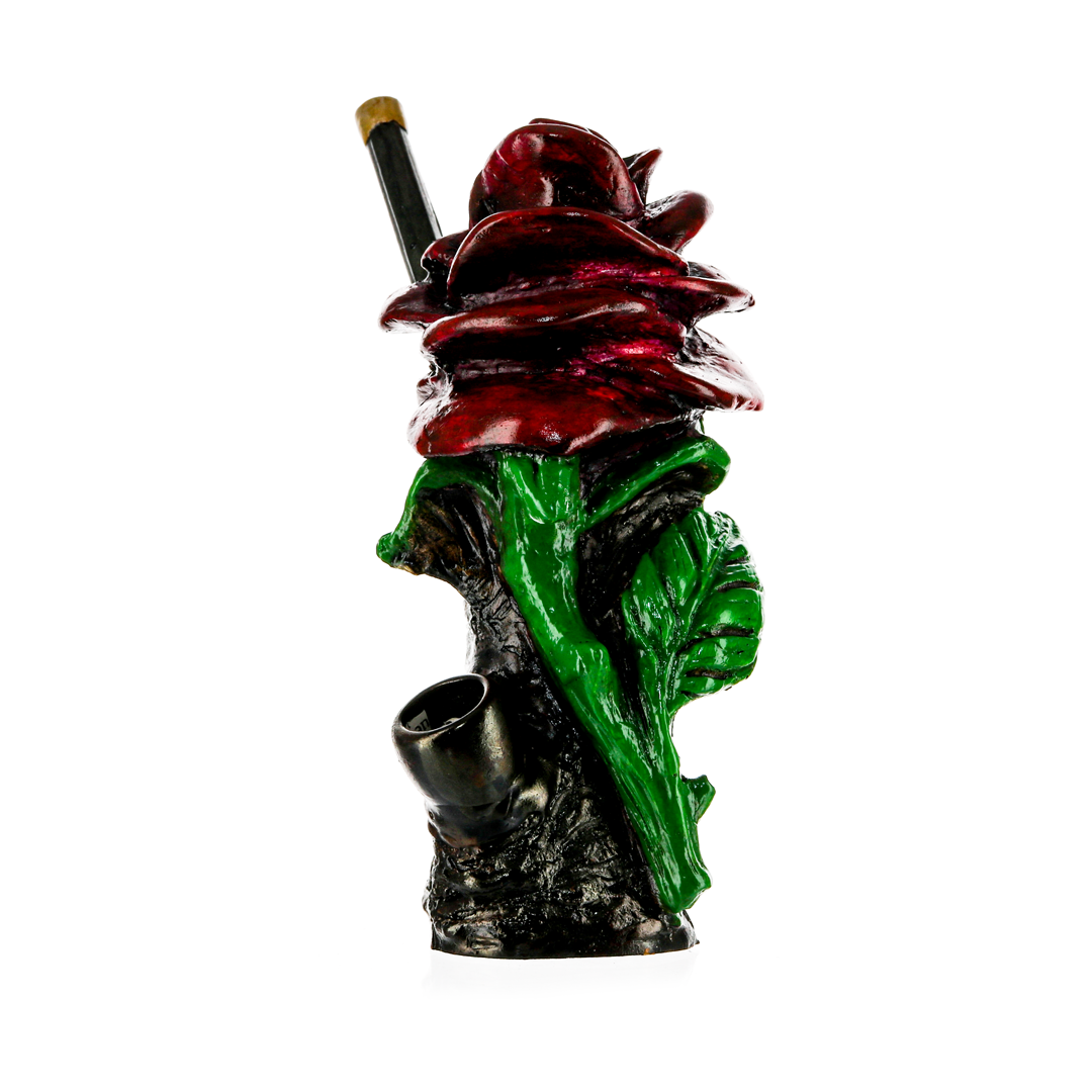 Medusa Customs Hand Carved Pipe - Front View with Intricate Red and Green Detailing