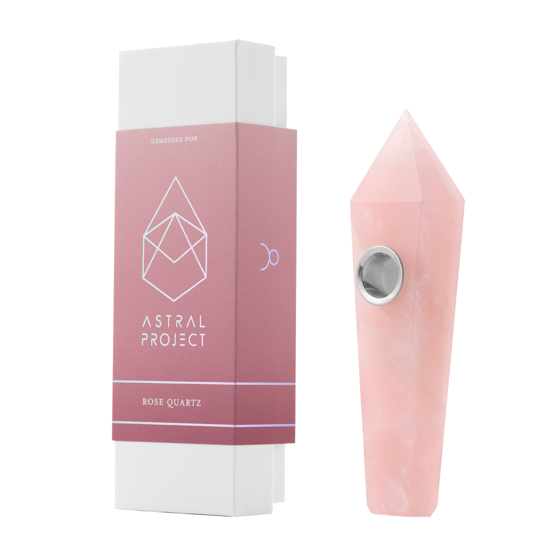 Astral Project Rose Quartz Hand Pipe next to packaging, front view for energy balance