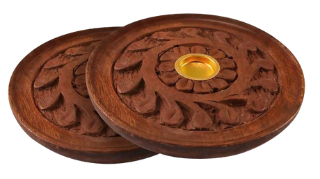 2-pack round carved wood incense burners with ornate designs and brass plate