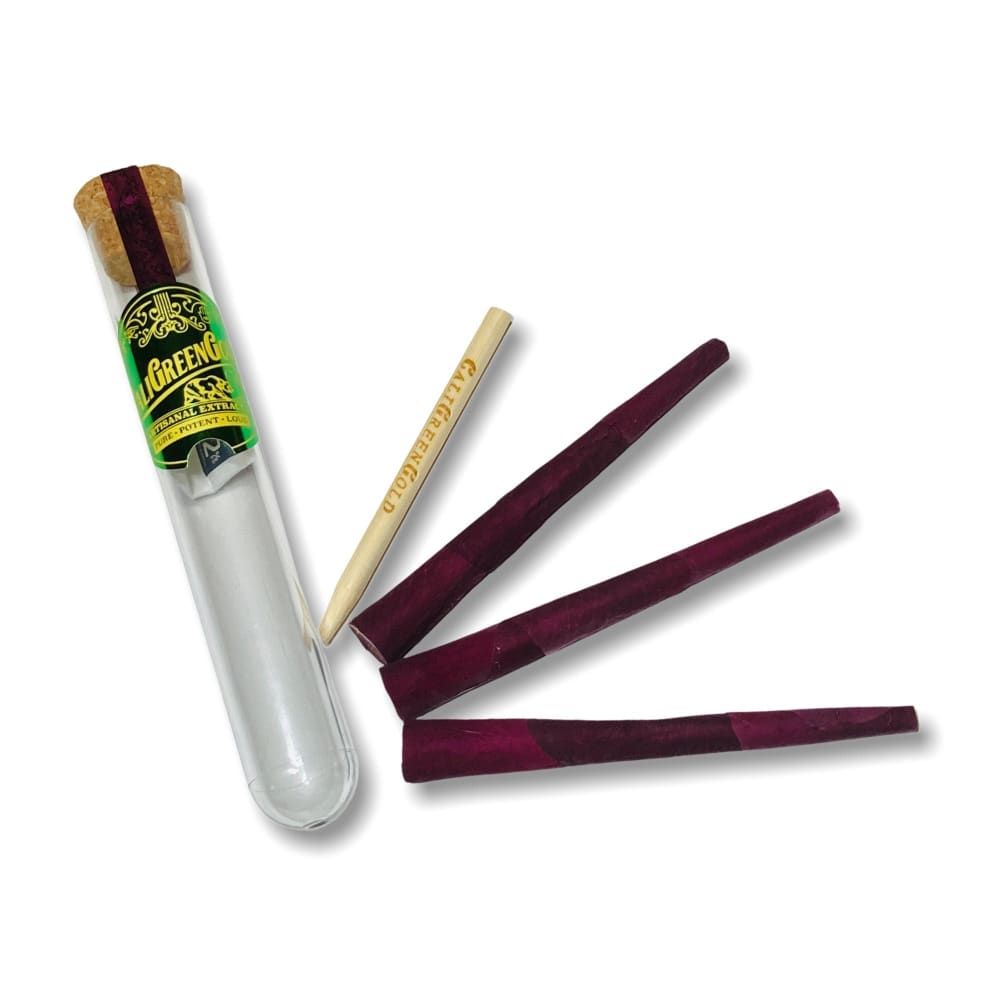 CaliGreenGold Royal Blood Rose Petal King Cones 3-pack, pre-rolled, displayed beside tube