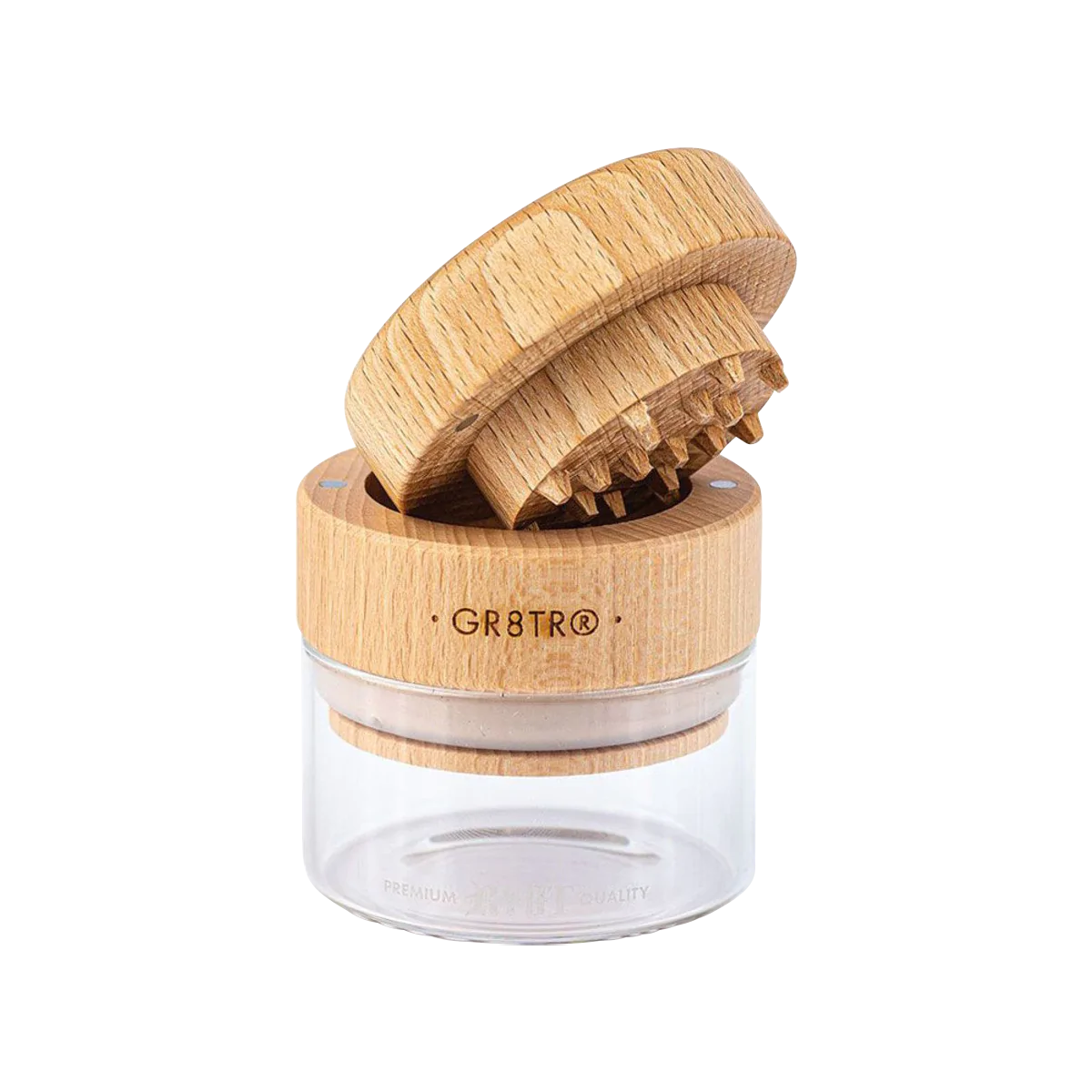 RYOT Beech Wood GR8TR Grinder with Clear Glass Jar, 2.5" Diameter, Front View