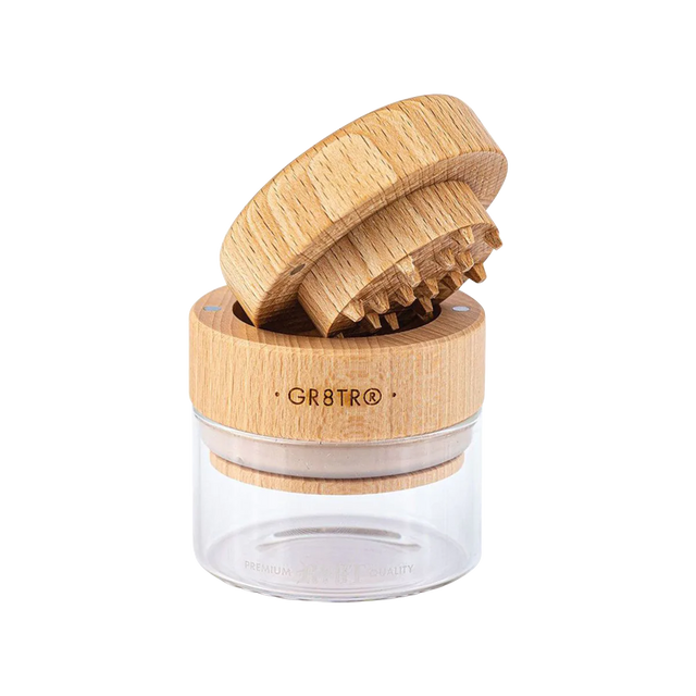 RYOT Beech Wood GR8TR Grinder with Clear Glass Jar, 2.5" Diameter, Front View