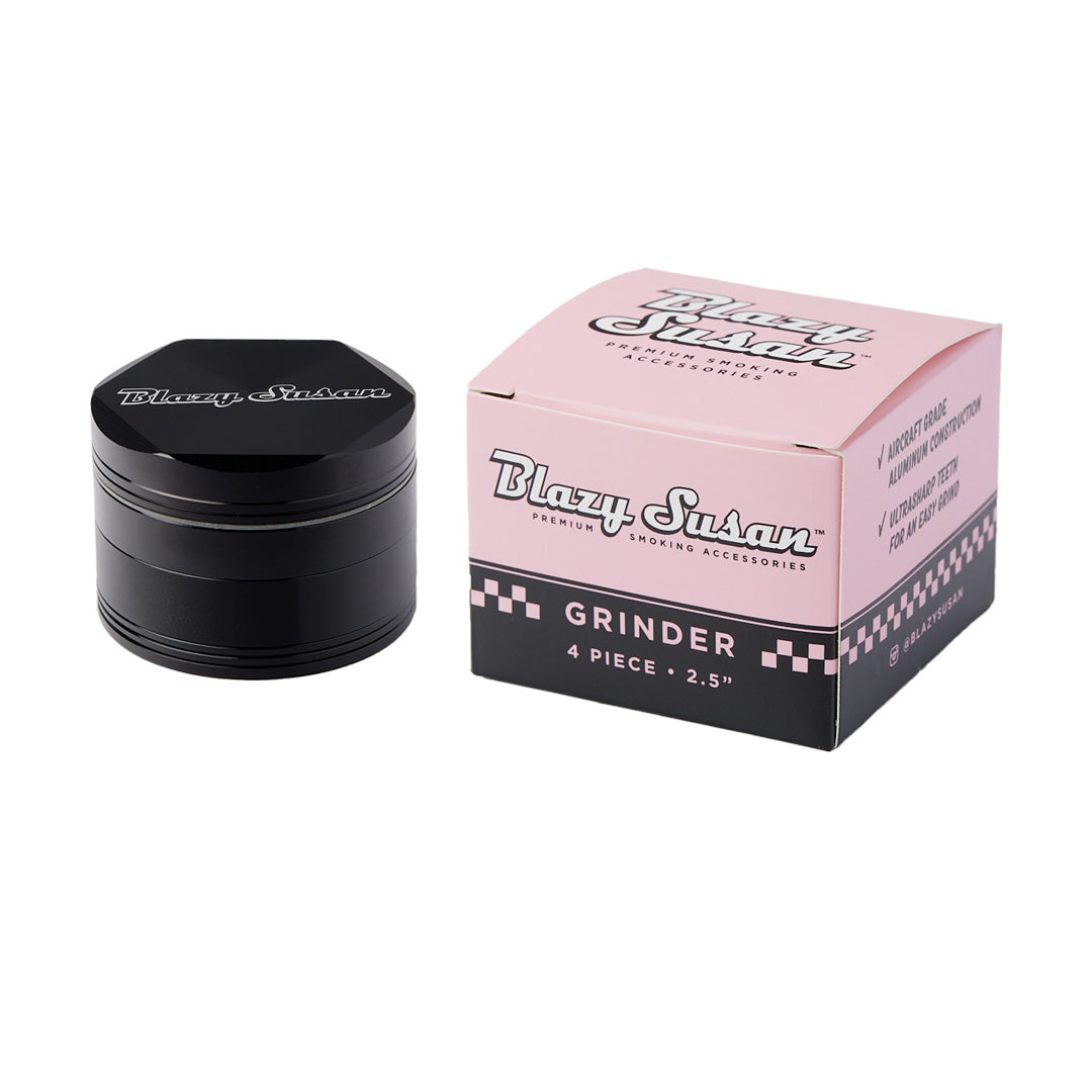 Blazy Susan 2.5" Aluminum Grinder in Black, 4-Piece with 3 Chambers, next to Box