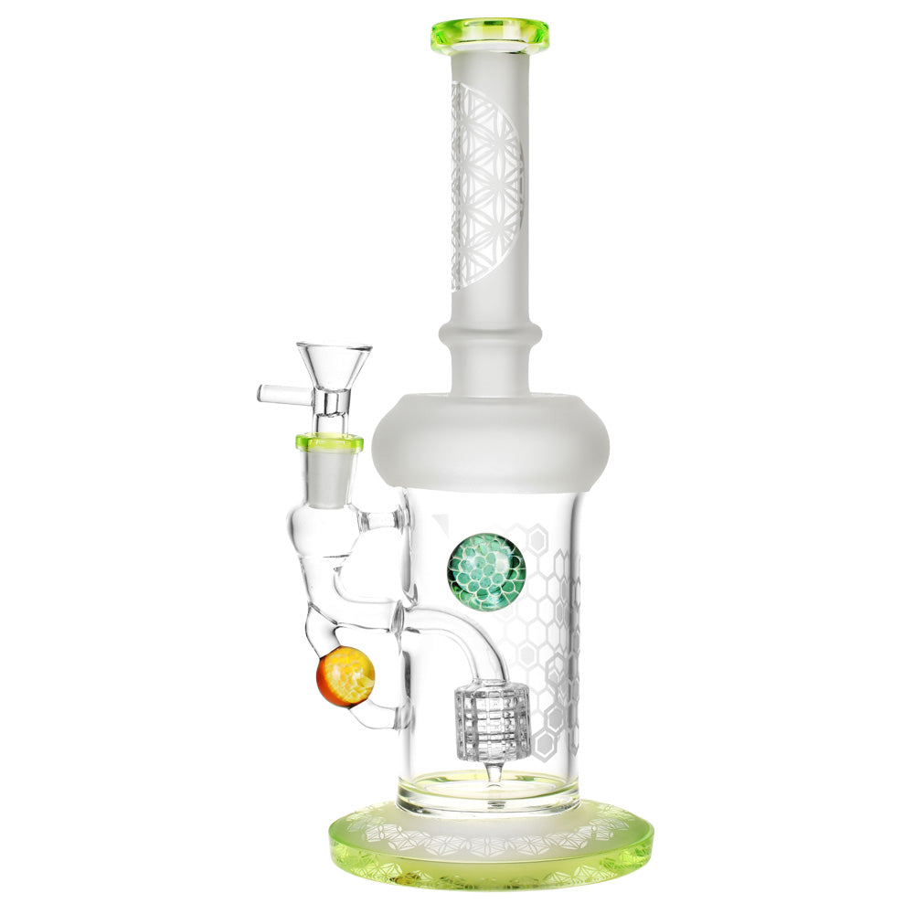 Sacred Honeycombs Frosted Water Pipe, 10" 14mm Female Joint, Borosilicate Glass, Front View