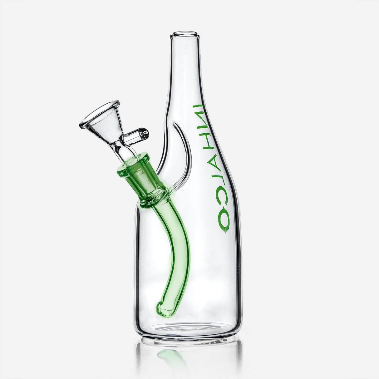 PILOTDIARY Sake Bottle Glass Water Bong Front View with Green Accents