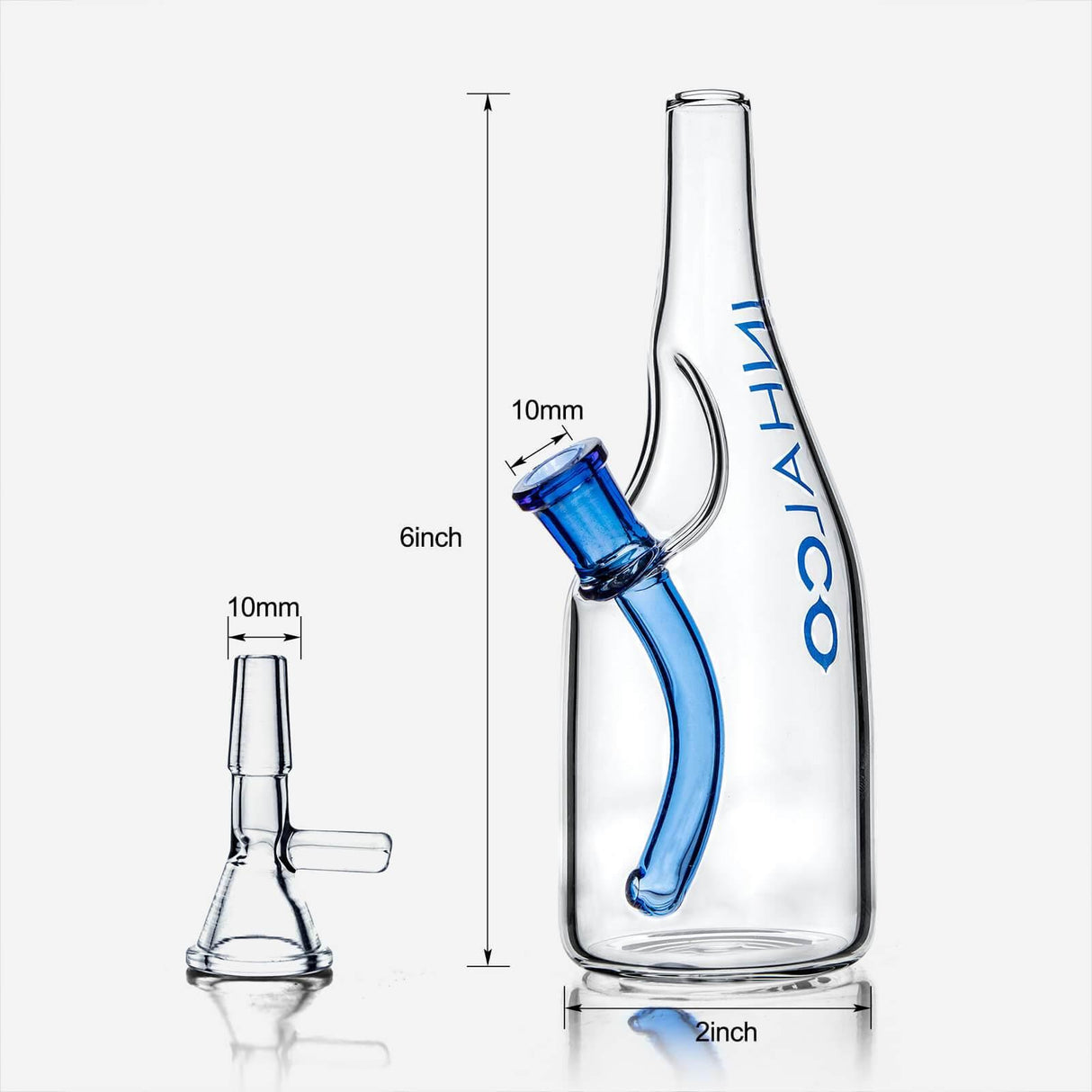 PILOTDIARY Sake Bottle Glass Water Bong Front View with Blue Accents and Clear Bowl