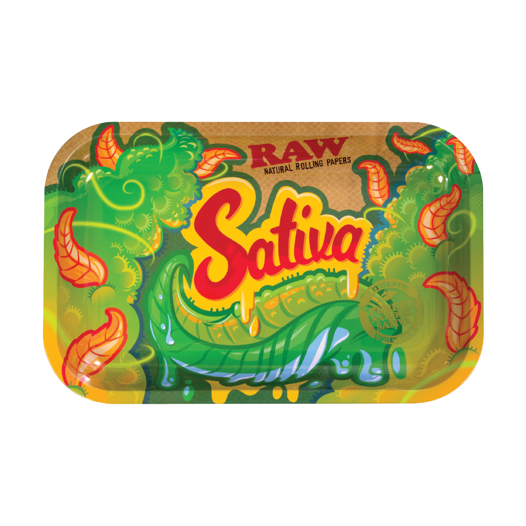 RAW Essential Small-Sativa Rolling Tray, Top View, Vibrant Illustrations, Perfect for Rolling