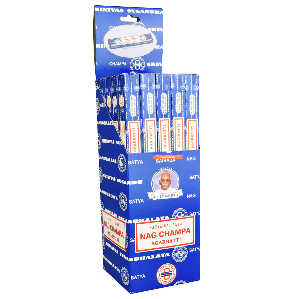 Satya Nag Champa Incense Sticks 25 Pack displayed in blue box, front view, compact design from India