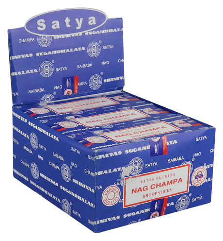Satya Nag Champa incense sticks display box in blue, showcasing multiple packs