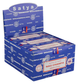 Satya Nag Champa incense sticks display box in blue, showcasing multiple packs