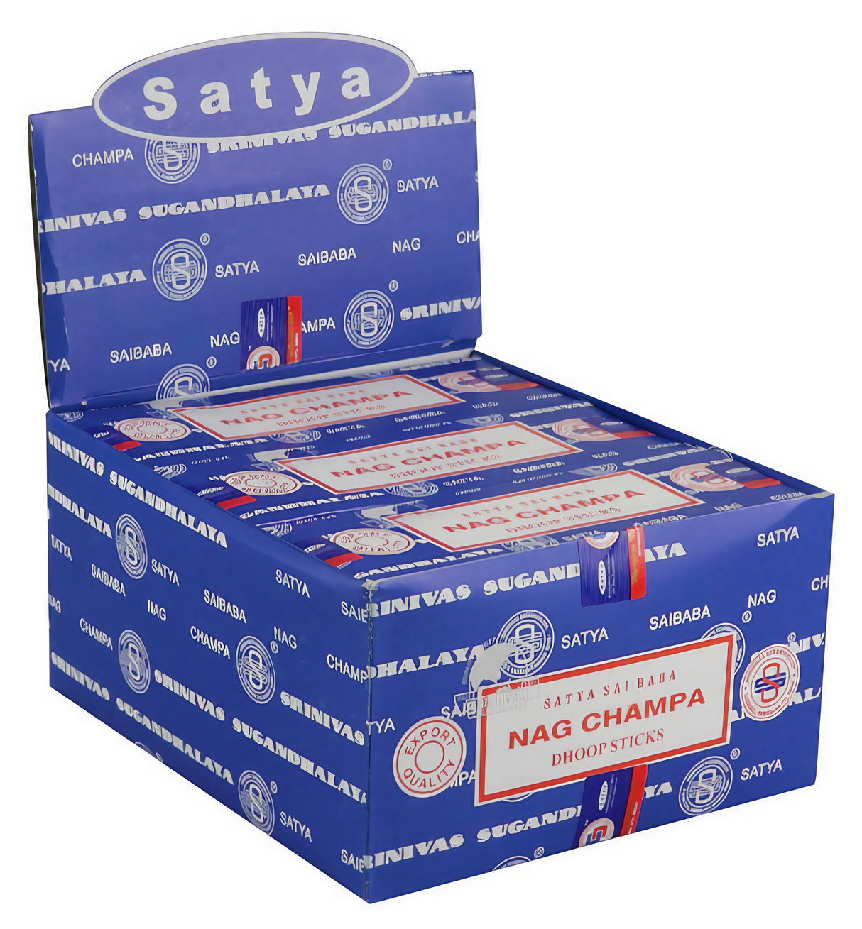 Satya Nag Champa Incense Sticks Display Box, 12 Pack, Front View on White Background
