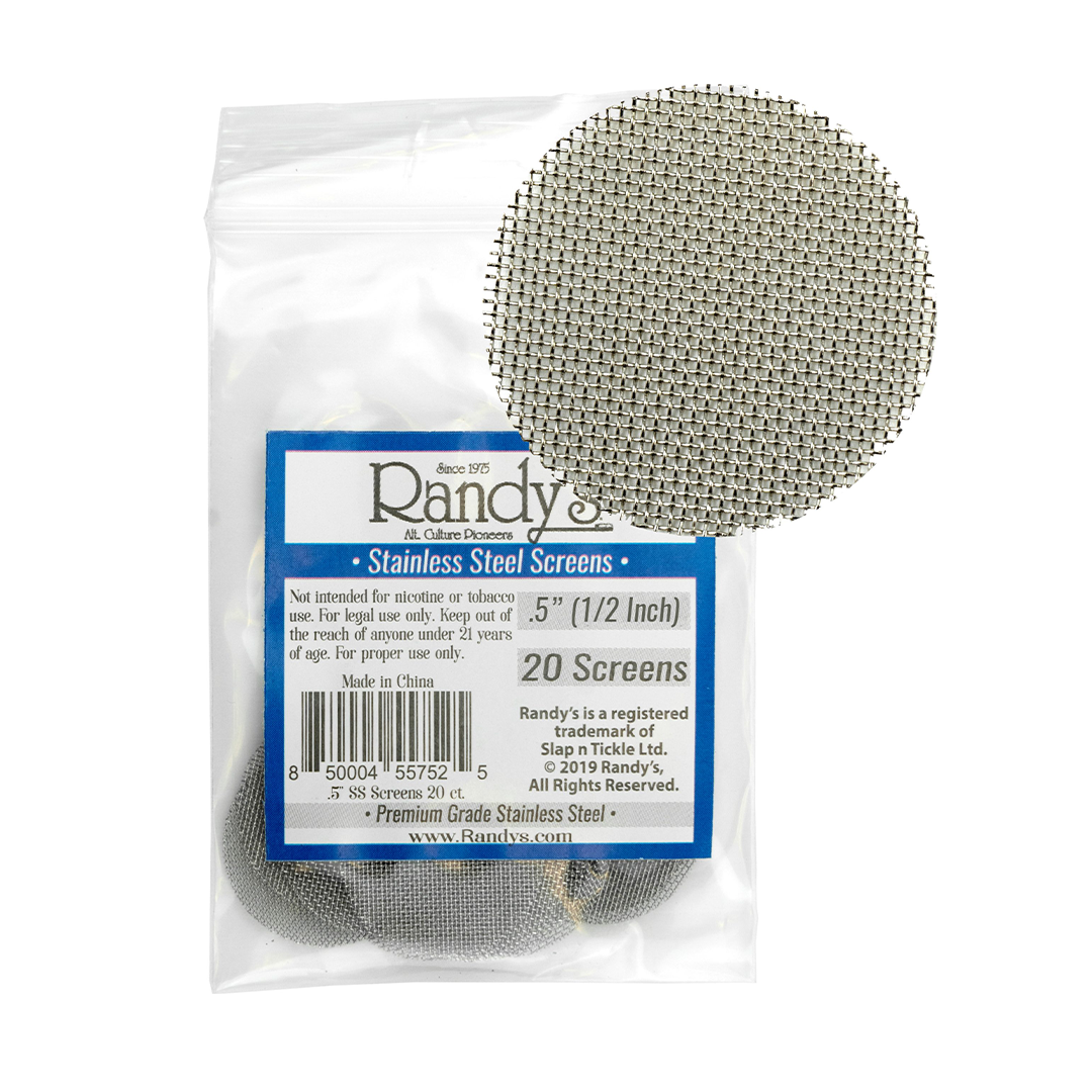 Randy's Screen Jars 36-pack, 0.5" stainless steel pipe screens, front view on white background