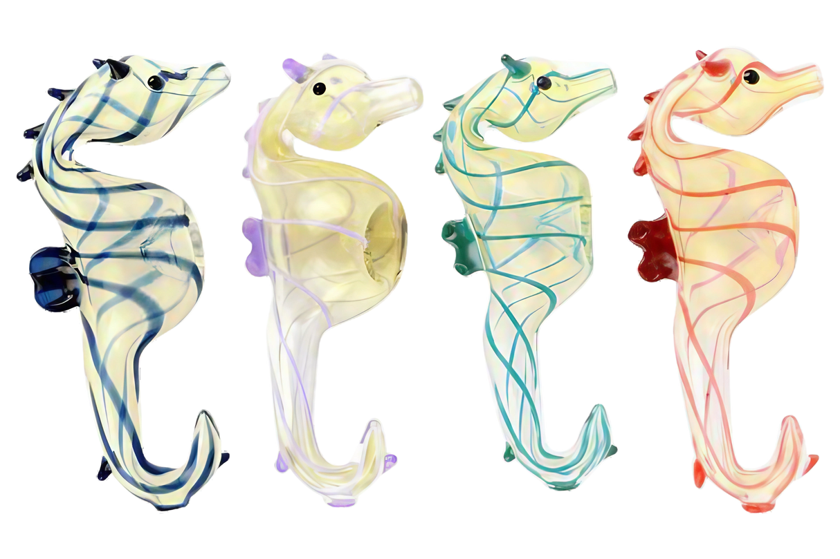 Assorted colors Seahorse Glass Hand Pipes, 4.5" Borosilicate, angled view