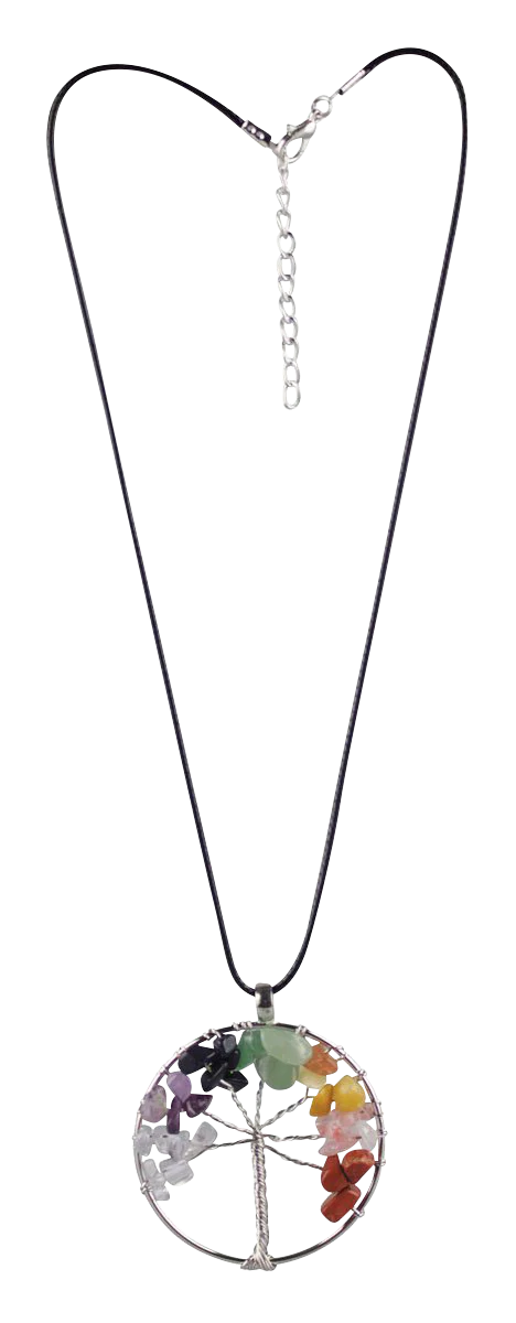Semi Precious Gem Tree of Life Necklace with colorful stones and black cord, front view