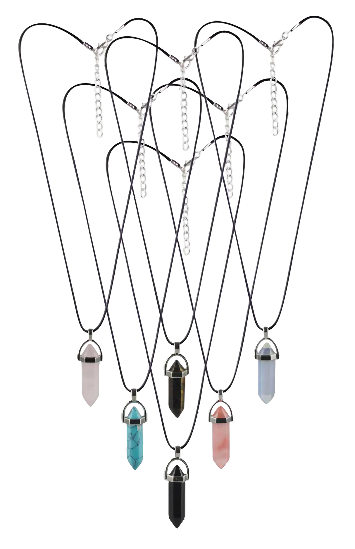 Assorted semi-precious gemstone pendant necklaces on silver chains, front view on white background