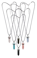 Assorted semi-precious gemstone pendant necklaces on silver chains, front view on white background