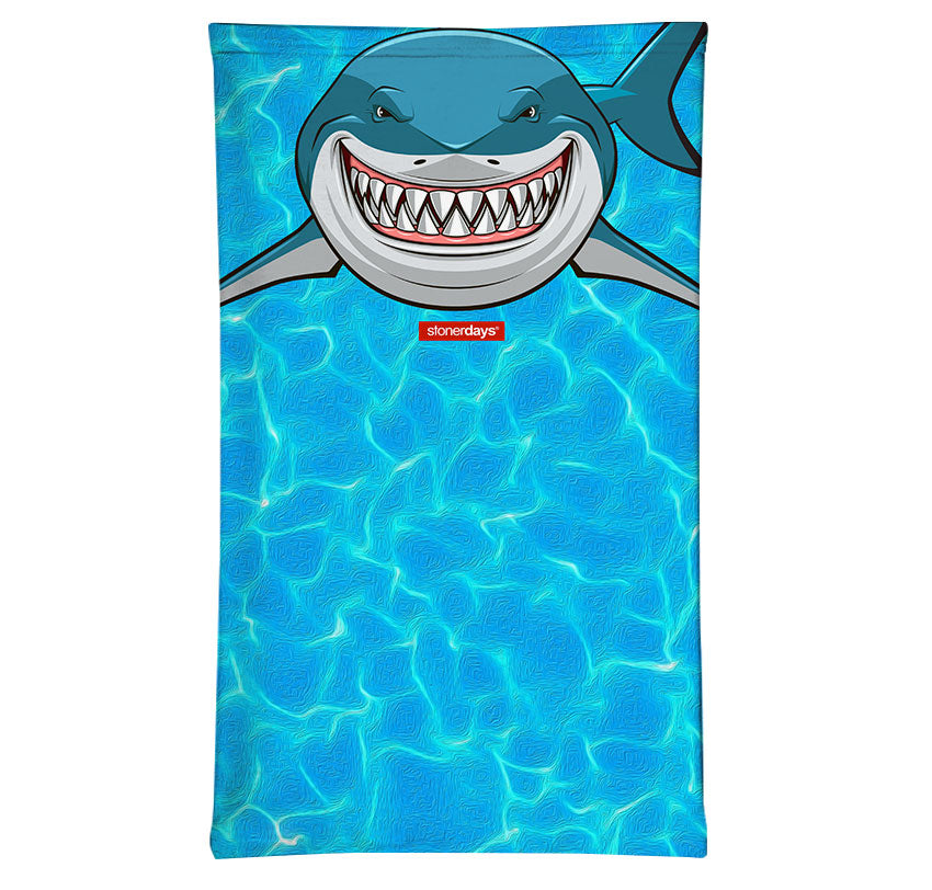 StonerDays Shark Week Neck Gaiter with vibrant blue water design and shark graphic, front view