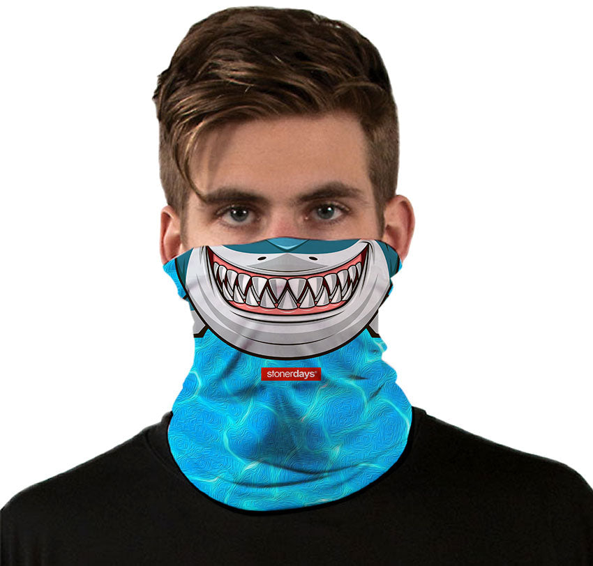 StonerDays Shark Week Neck Gaiter with Shark Smile Design, Front View on Model