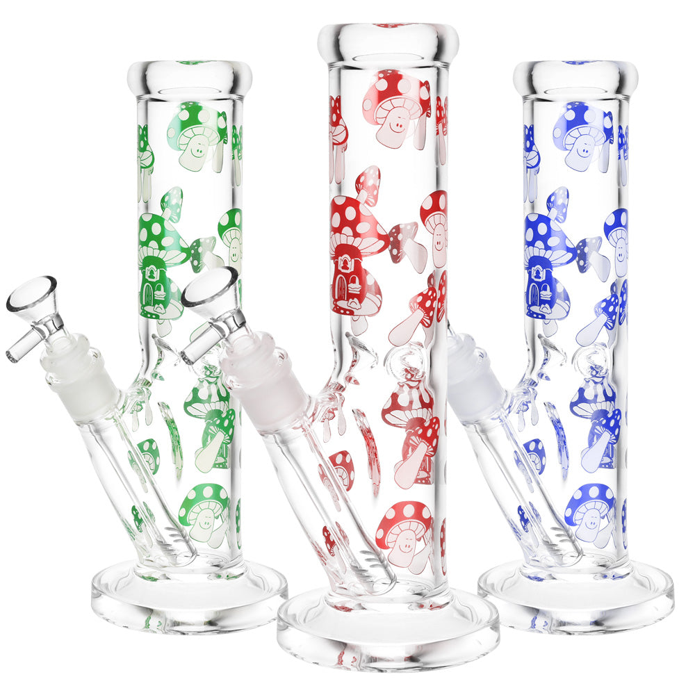 Shroom Life Straight Tube Water Pipe trio, 10.5" tall, 14mm female joint, Borosilicate Glass, with mushroom designs