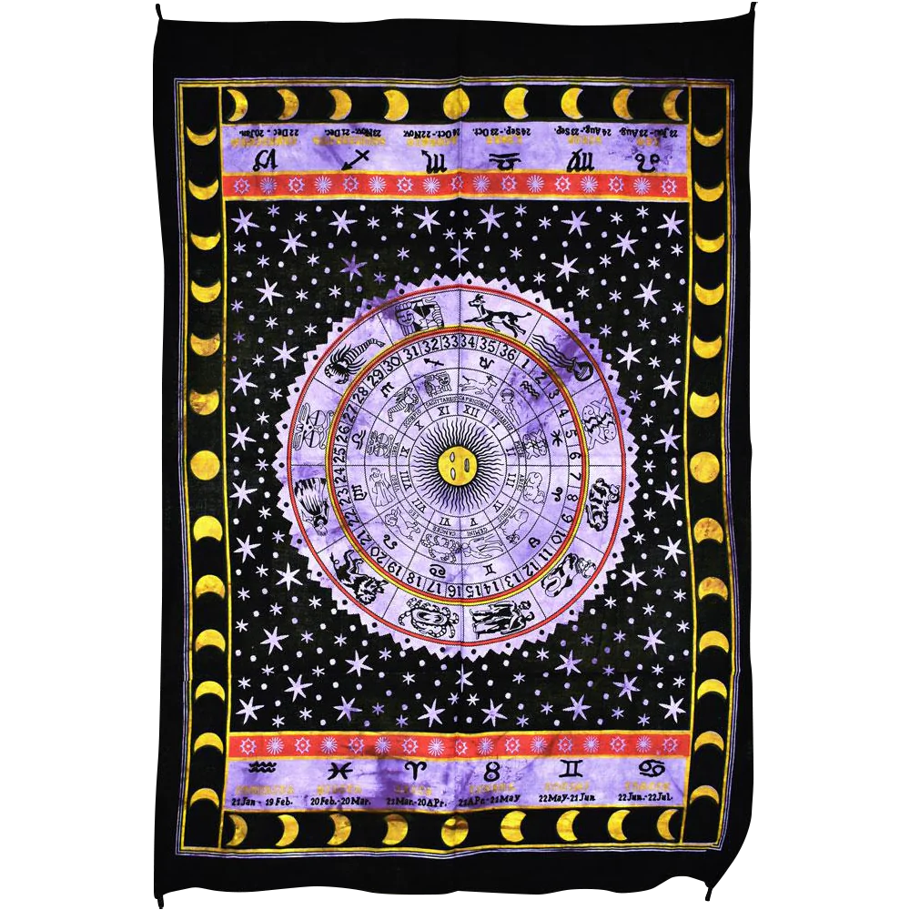 Colorful Zodiac Signs Mini Tapestry Wall Hanging, Indian Cotton, 29" x 44" Front View