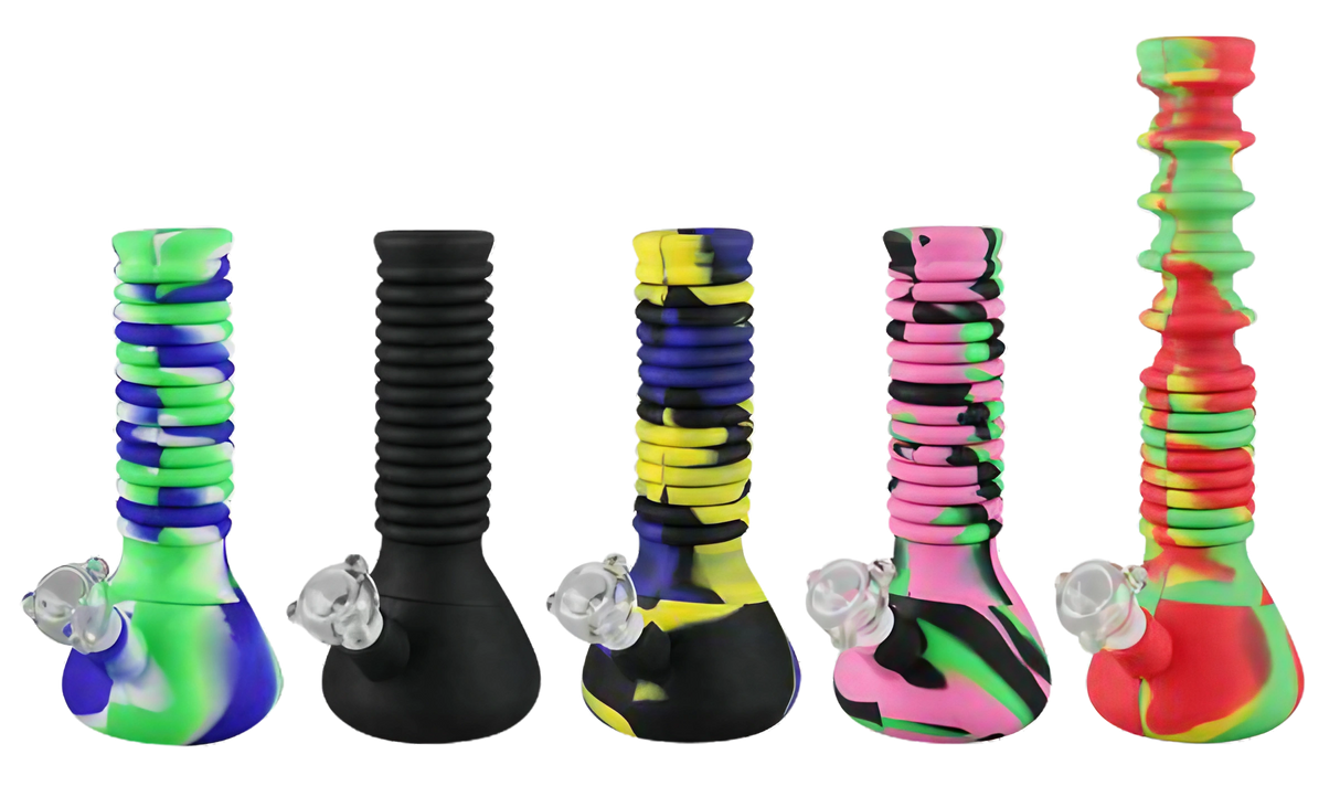 Colorful silicone extendable water pipes with borosilicate glass bowls, front view, portable design