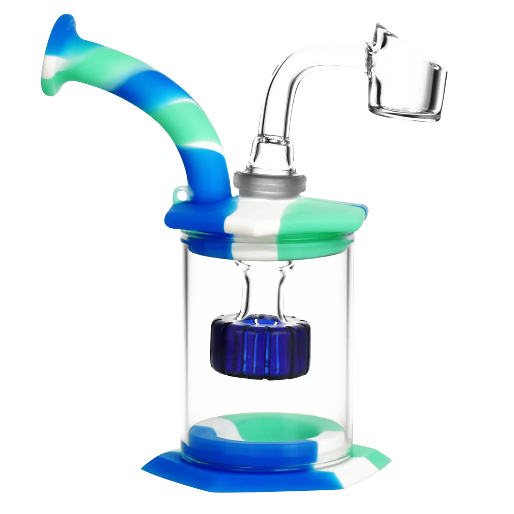 Assorted colors silicone and glass dab rig bubbler with disc perc, 90-degree joint, front view