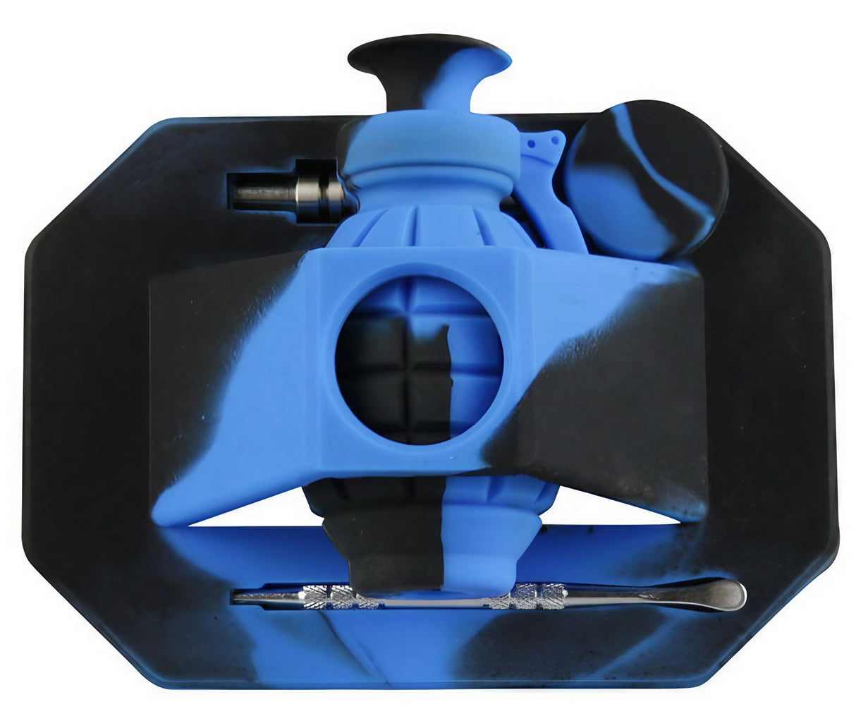 Blue Silicone Grenade Vapor Straw with 14mm Titanium Tip and Dab Tool, Top View