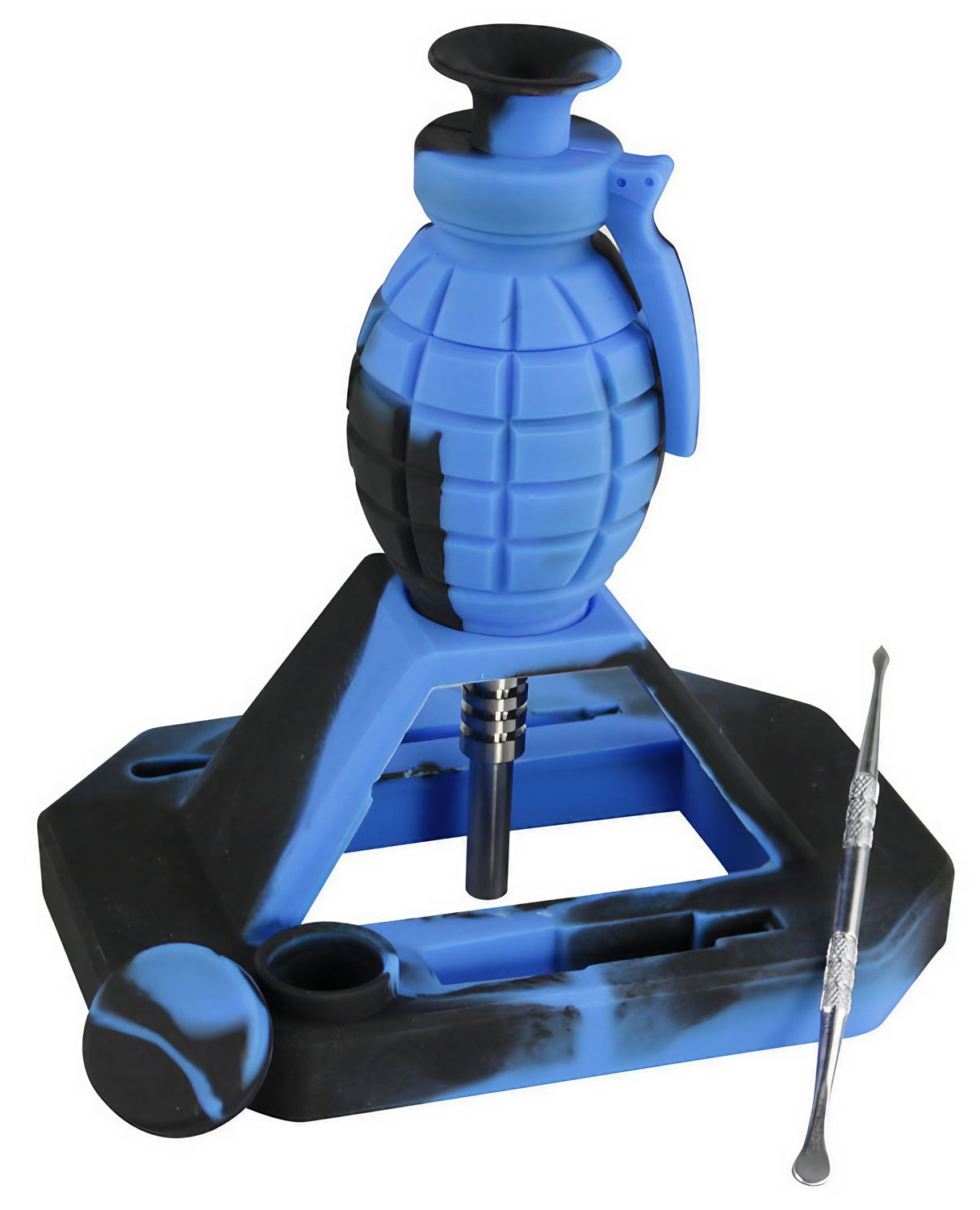 Blue Silicone Grenade Vapor Straw with 14mm Titanium Tip and Dab Tool on White Background