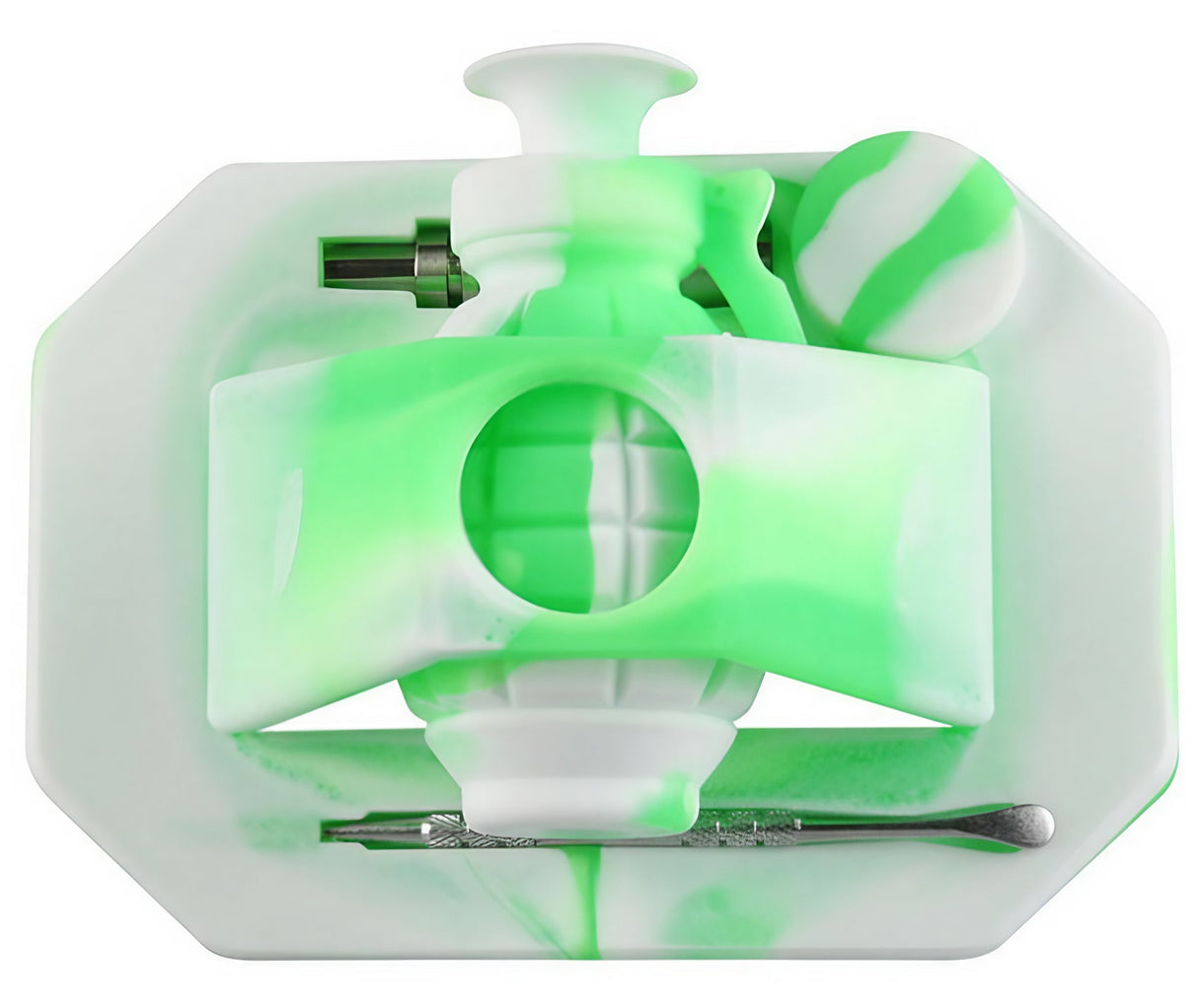 Green and white silicone grenade-shaped vapor straw with 14mm titanium tip, top view