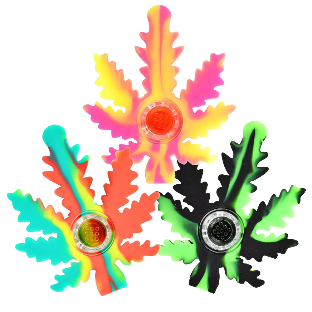 Assorted colors Silicone Hemp Leaf Hand Pipes, compact and portable design, top view