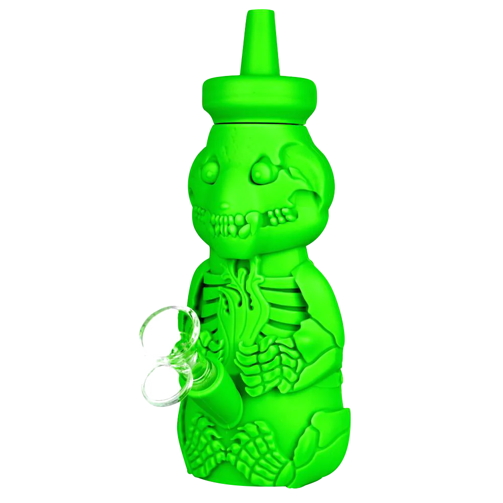 Green Silicone Honey Bear Skeleton Bubbler Water Pipe, 8.5" height, 45-degree joint