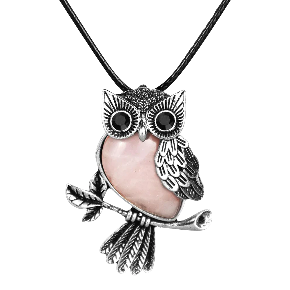 Silver Owl Necklace with Semi-Precious Stone on Black Cord, Front View